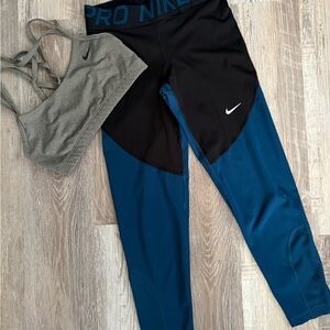 Nike Girls Colorblock Performance Leggings in Black & Teal Blue